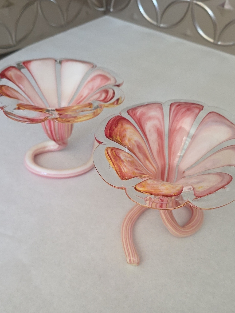 Vtg Murano Style Art Glass Flower Candle Holders Pink White Swirl Twisted Stem